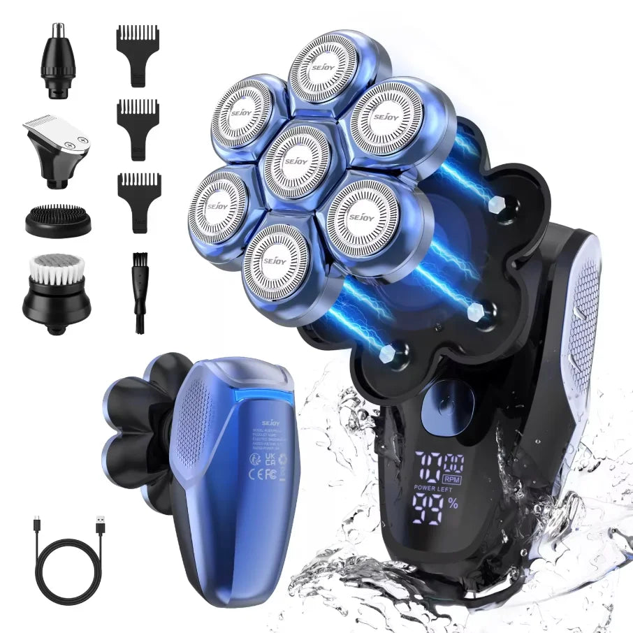 SEJOY 6-in-1 Multifunctional 7D Head Shavers for Bald Men Electric Razor with Nose Hair Trimmer Waterproof Mens Grooming Kit
