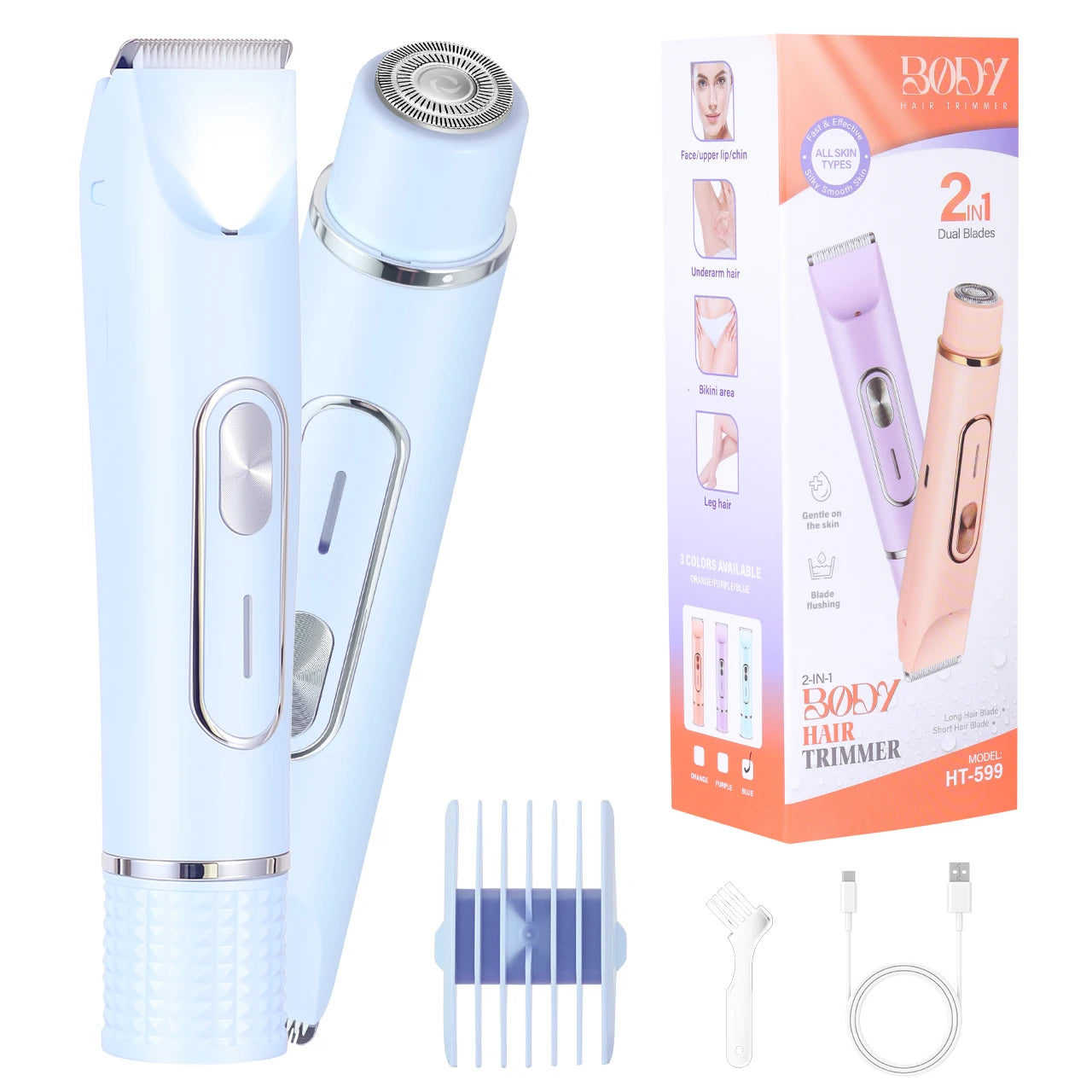 2-in-1 Women's Body & Hair Trimmer Painless Electric Shaver for Face/Legs/Bikini Area USB Rechargeable with Guide Comb