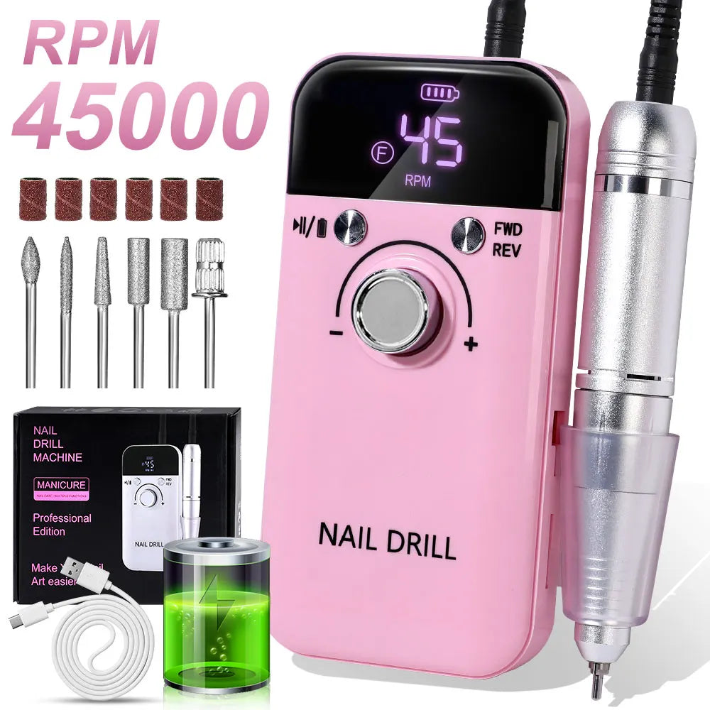 Nail Drill 45000 RPM Rechargeable Nails Electric File for Acrylic Gel Removing & Polishing Gel for Home/Salon Manicure Pedicure