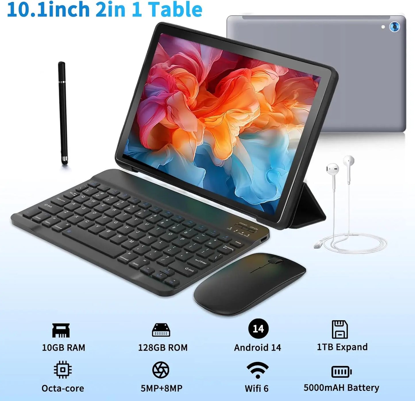 C108 Android Tablet 10.1 Inch Tablets Octa-Core 10GB RAM 128GB ROM With Case Headphones Wireless Keyboard Mouse Stylus Pen Bag