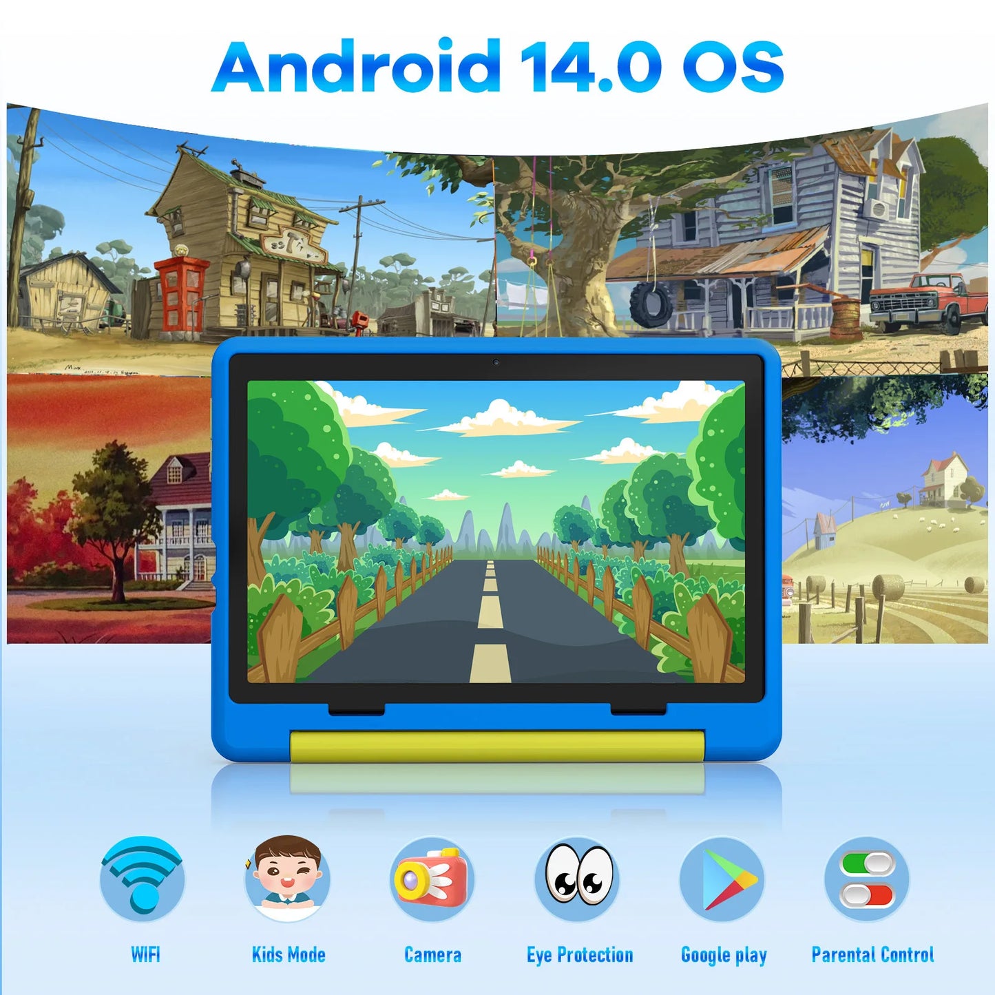 KT1016 Kid Tablet 10.1 inch Android 14 Quad Core 8GB RAM 64GB ROM 1TB Expand WiFi Bluetooth Children's Gift Kids Software PC Pad