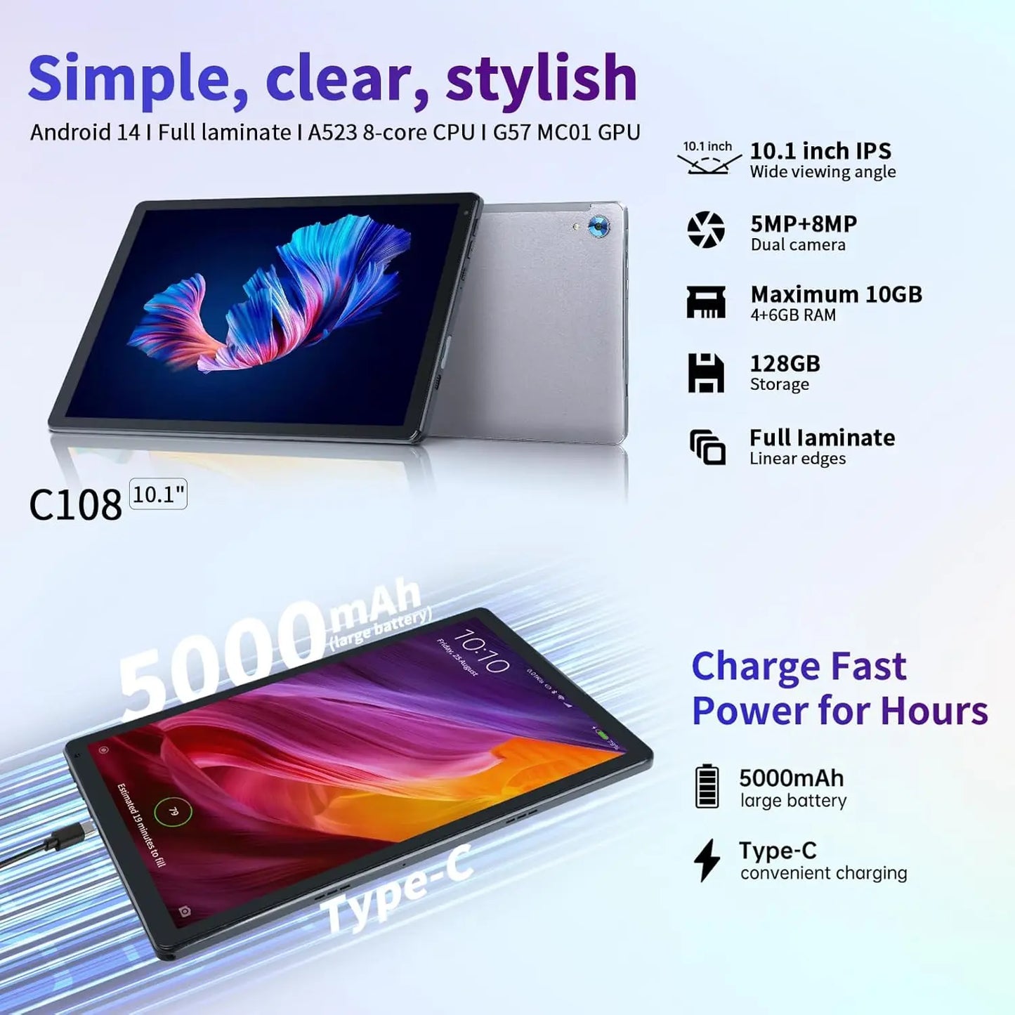 C108 Android Tablet 10.1 Inch Tablets Octa-Core 10GB RAM 128GB ROM With Case Headphones Wireless Keyboard Mouse Stylus Pen Bag