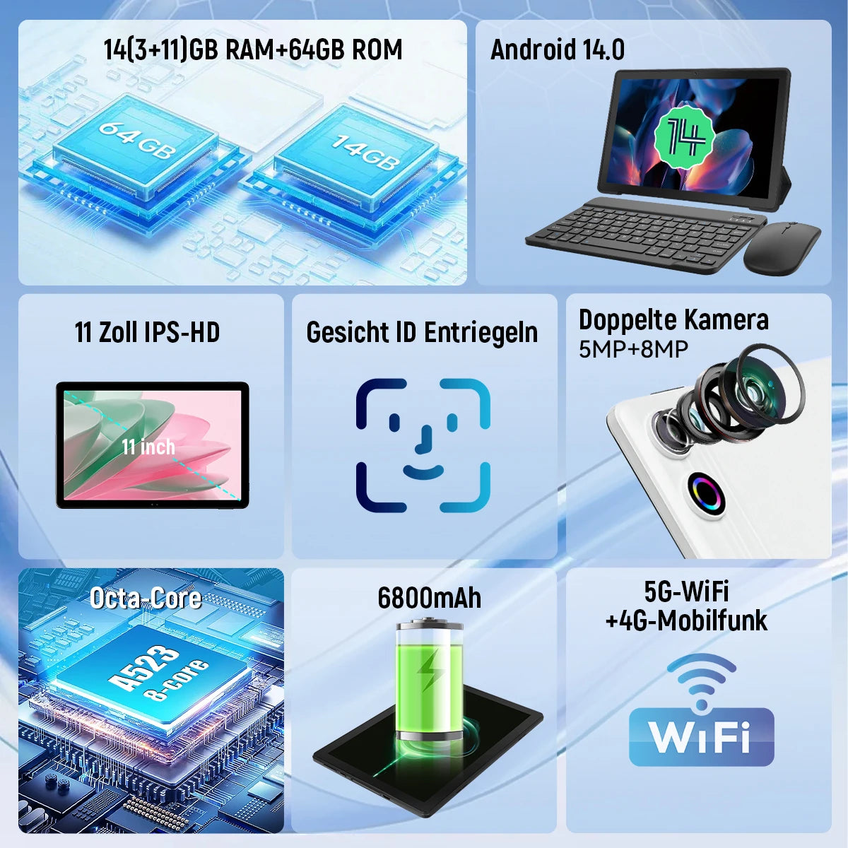 10.95 Inch Android 14 Tablet 14GB RAM 64GB ROM Octa-Core Processor 6800mAh With Keyboard Case Mouse Stylus 8 in 1 Tablet Kit