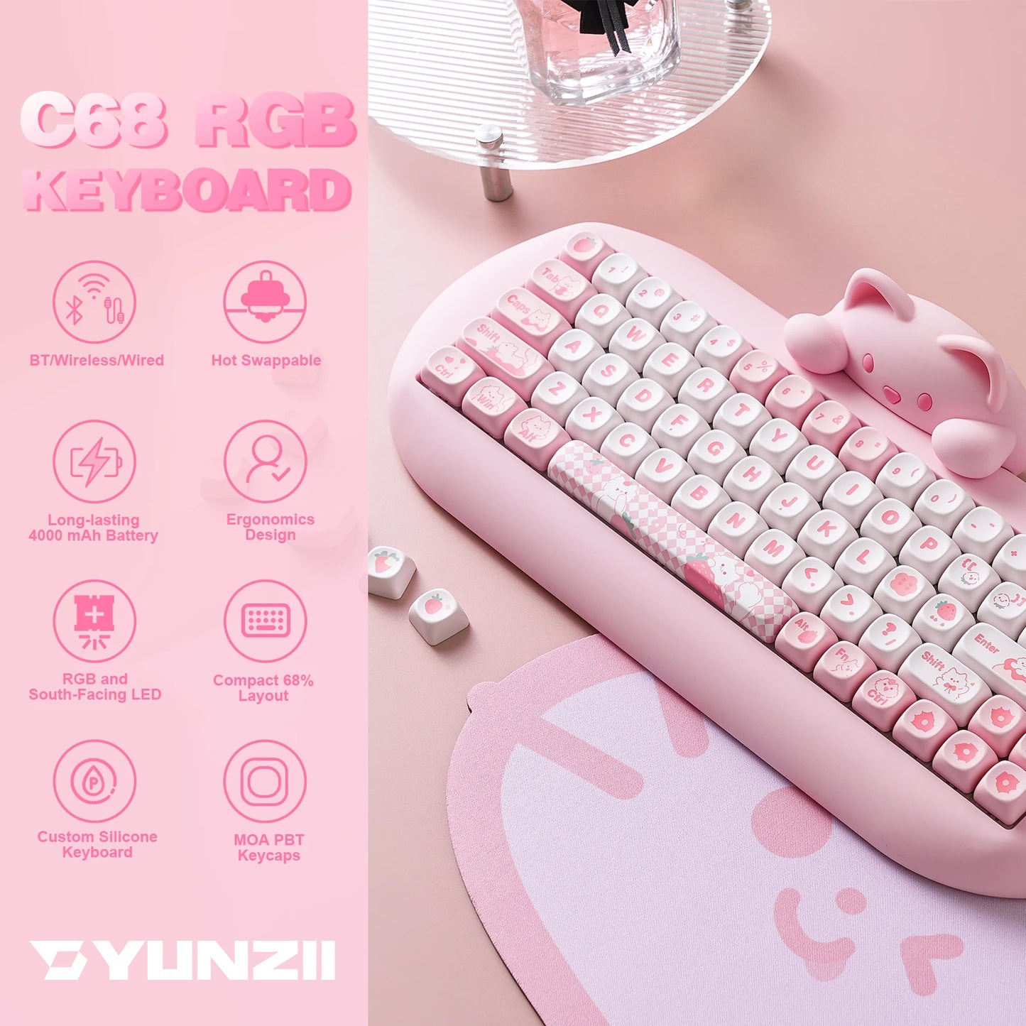YUNZII C68 Wireless Gaming Keyboard, Hi-Fi Cute Cat Custom RGB Mechanical Keyboard, Silicone 65% Hot Swap Ergonomic Kitty Keeb