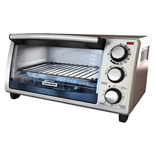 4Slice Toaster Oven with Stainless Steel Exterior for Efficient Baking Toasting and Reheating in Kitchen Countertop Application