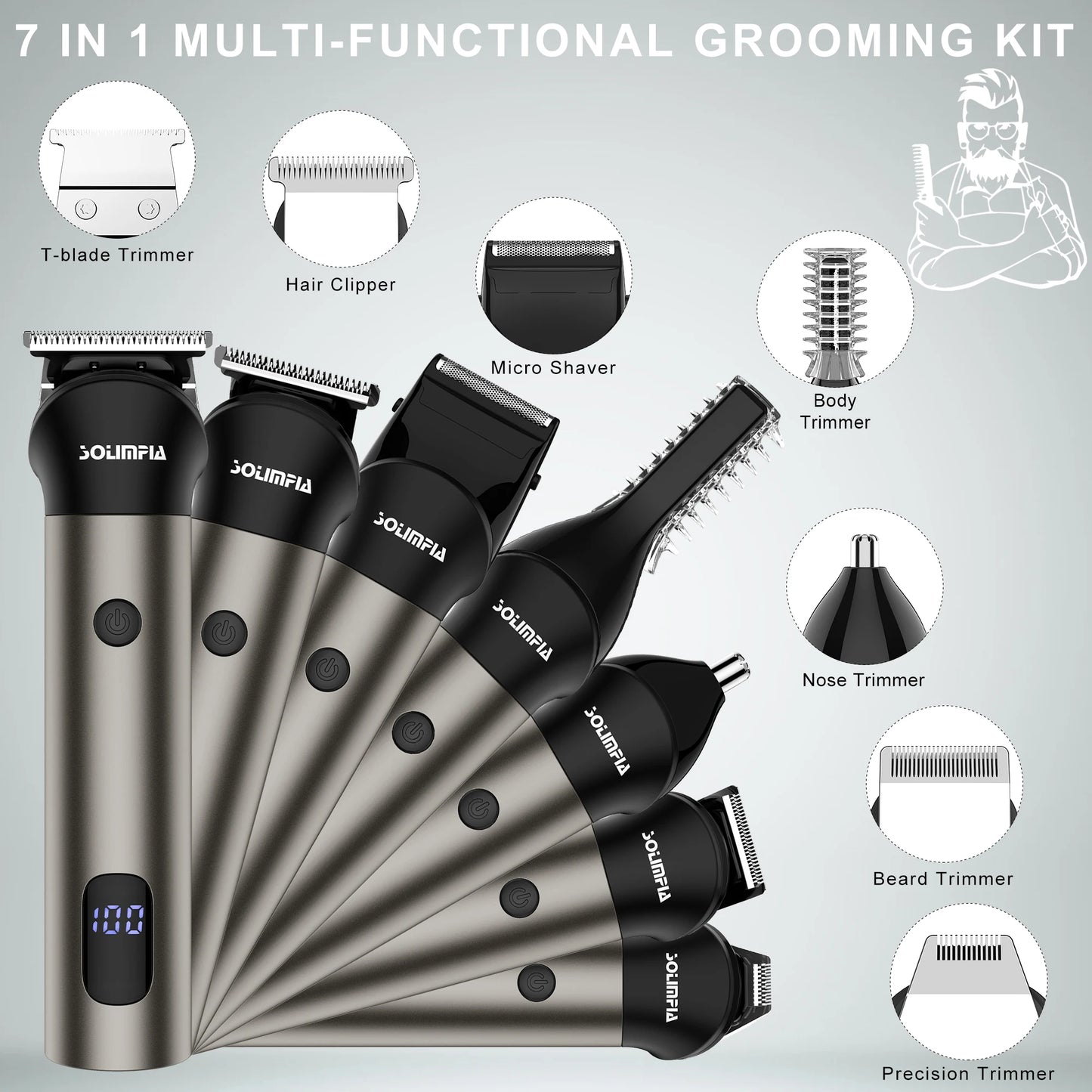 Hatteker all in one hair trimmer 7 blades changeable Electric Baber Haircut machine body nose trimmer set for Men
