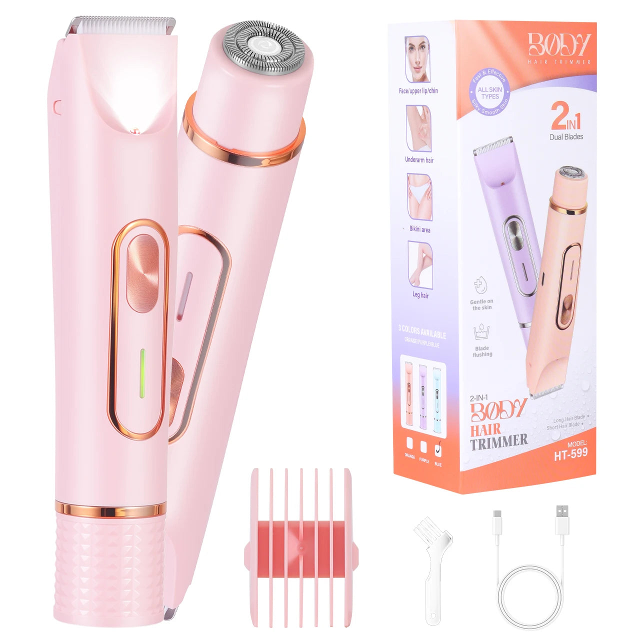 2-in-1 Women's Body & Hair Trimmer Painless Electric Shaver for Face/Legs/Bikini Area USB Rechargeable with Guide Comb
