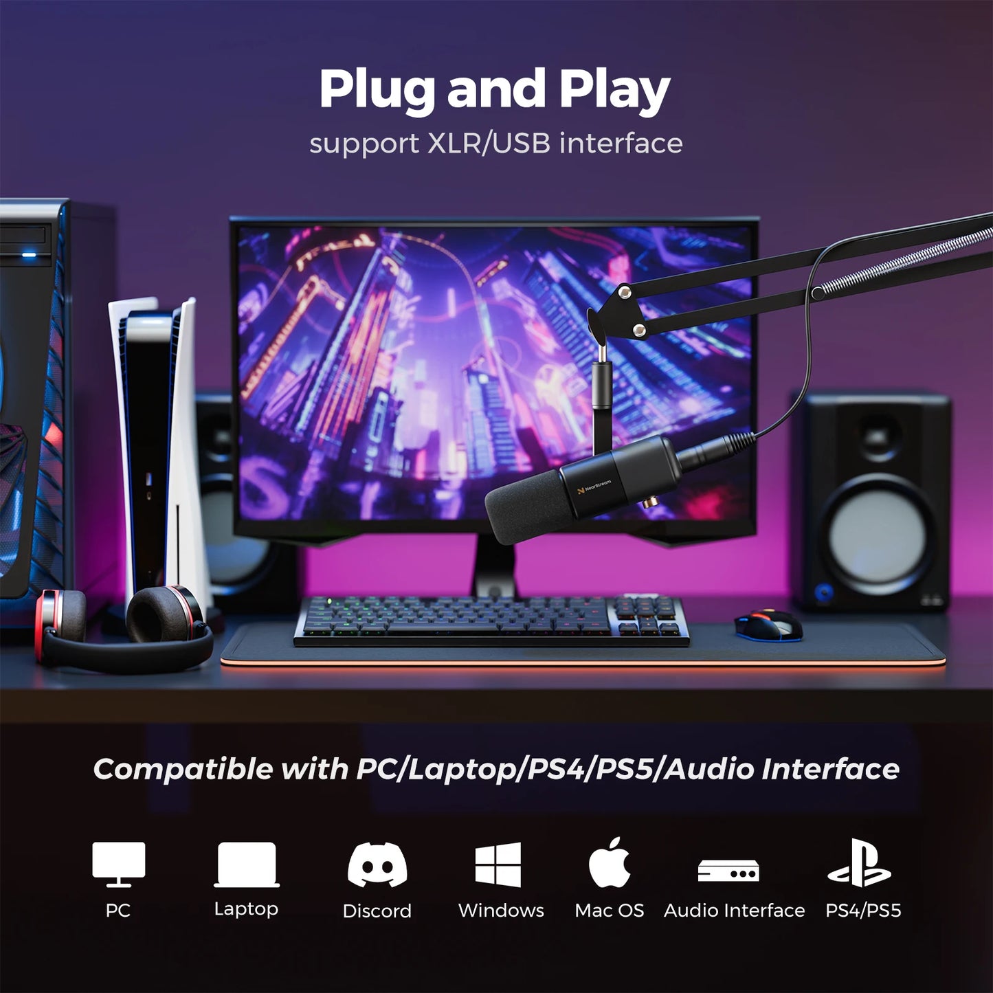 NearStream Professional Microphone pc USB XLR Condenser Mic Boom Arm US Local ShippingPlug-and-Play for Streaming Podcast Studio