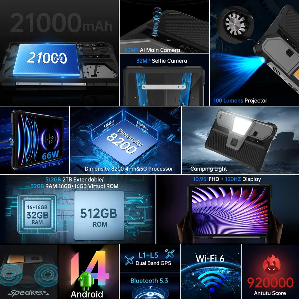 8849 TANK PAD Unihertz Rugged Projector Tablet Smartphone  21000mAh 10.95 inch 120Hz 16GB 512GB 32MP+50MP 66W Phone Tablet