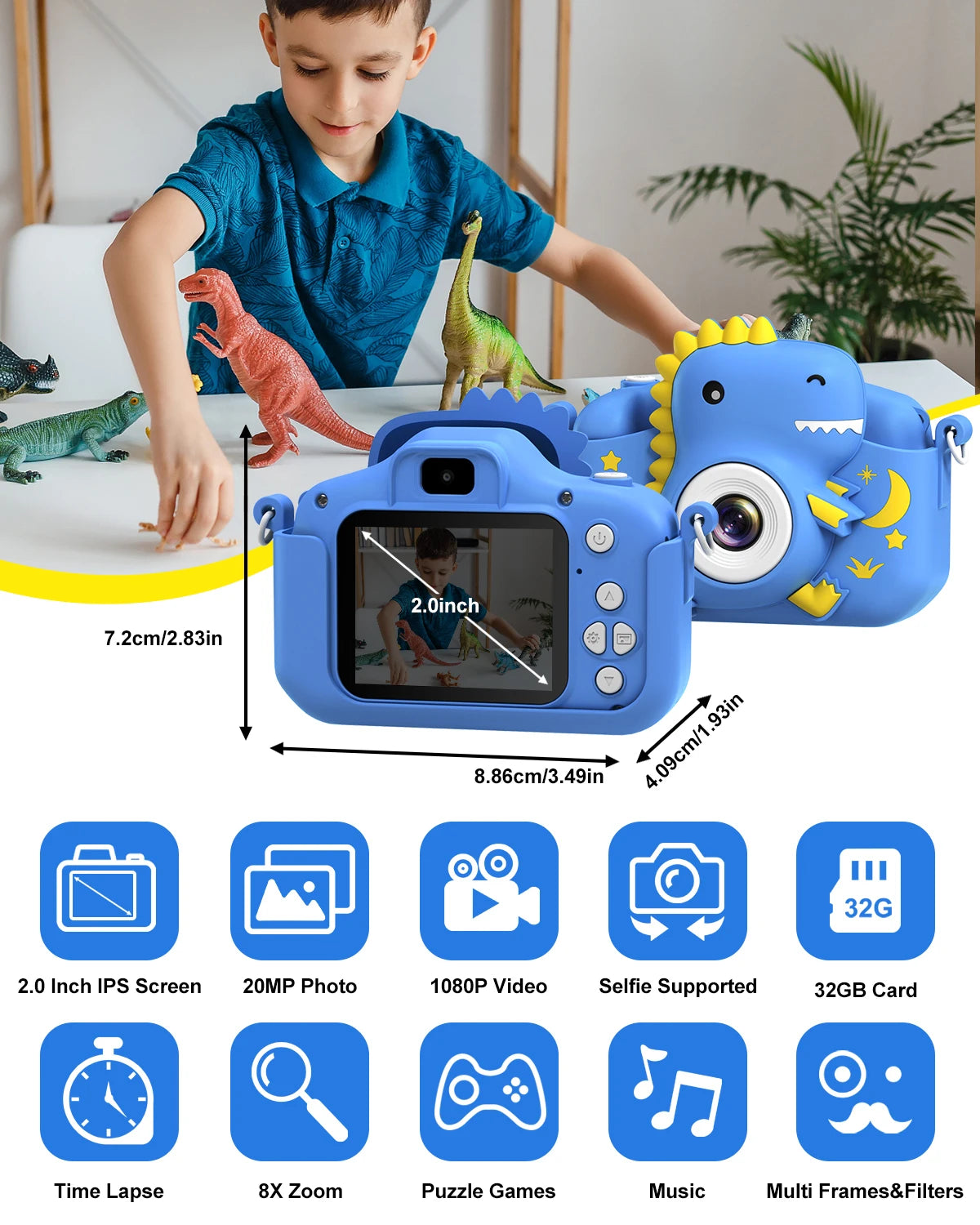 Dinosaur Kids Camera 1080P HD Selfie Camera Portable Toddler Digital Camera Toy Gift For Girls Boys Aged 3-12