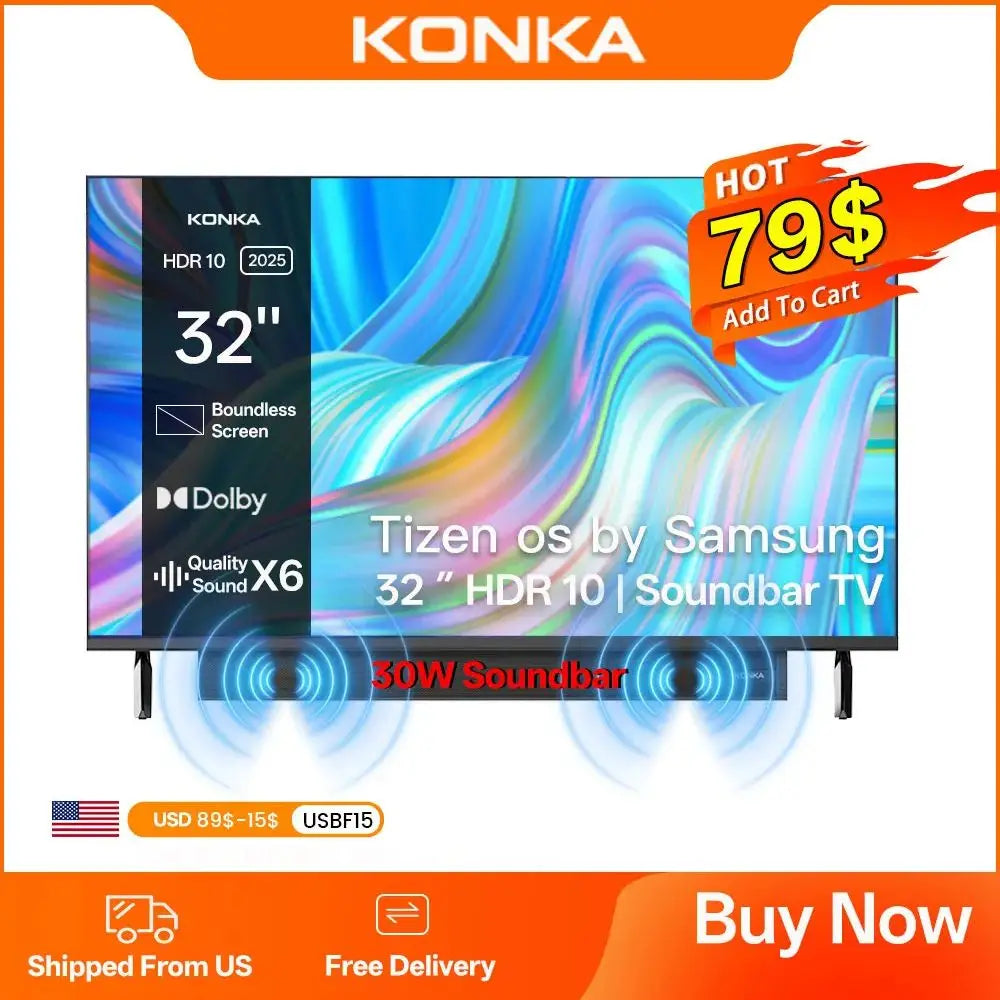 KONKA 32" Smart TV Tizen OS Powered By SAMSUNG Built-in 30W Soundbar HDR10 V-Max Display Theater Audio Dynamic Sound 1Y Warranty