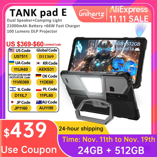 Unihertz Tank PAD by 8849 Rugged Projector Tablet 21000mAh 10.95" FHD Dimensity 8200 32GB+512GB Dual Speaker Tablet Phone Wifi