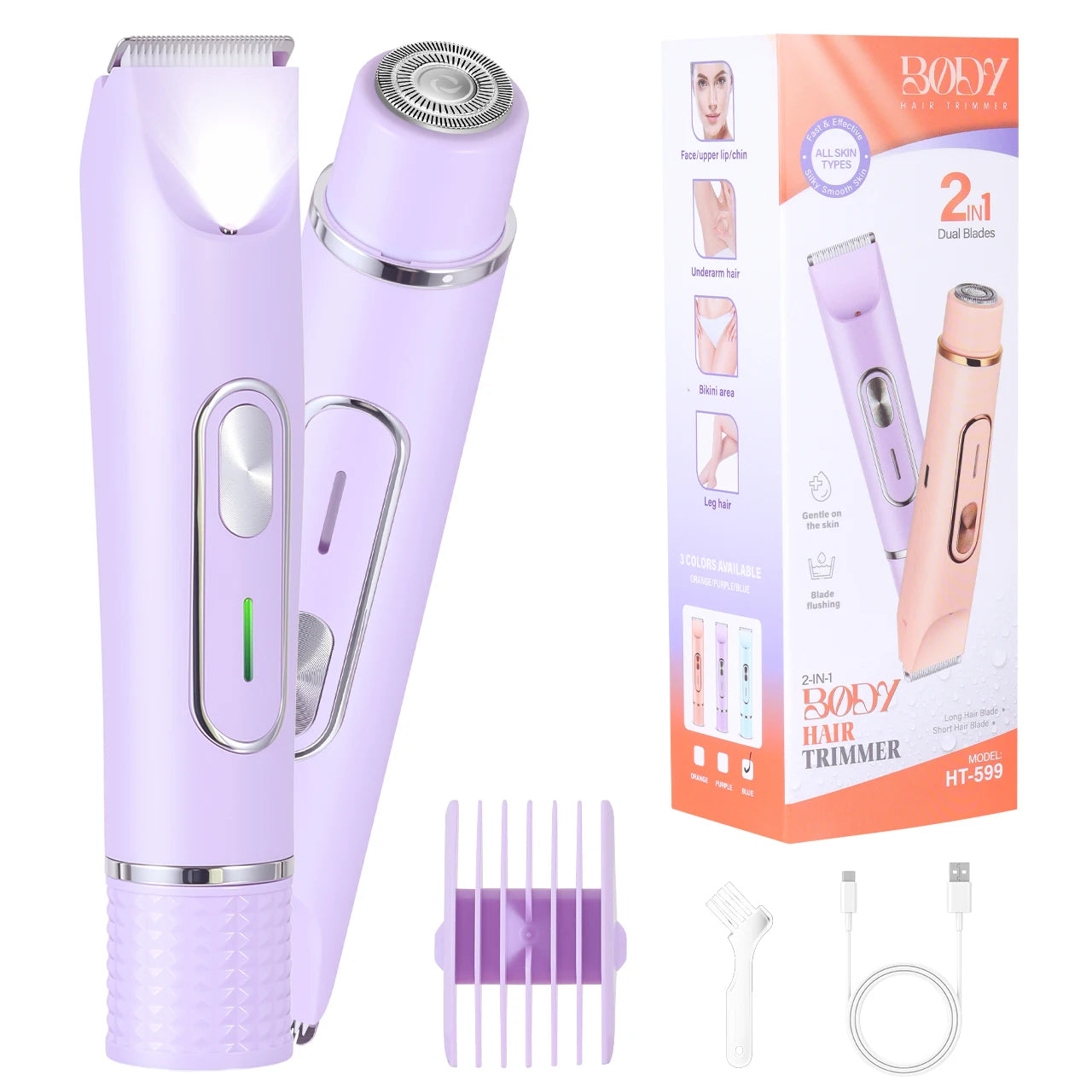 2-in-1 Women's Body & Hair Trimmer Painless Electric Shaver for Face/Legs/Bikini Area USB Rechargeable with Guide Comb