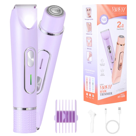 2-in-1 Women's Body & Hair Trimmer Painless Electric Shaver for Face/Legs/Bikini Area USB Rechargeable with Guide Comb