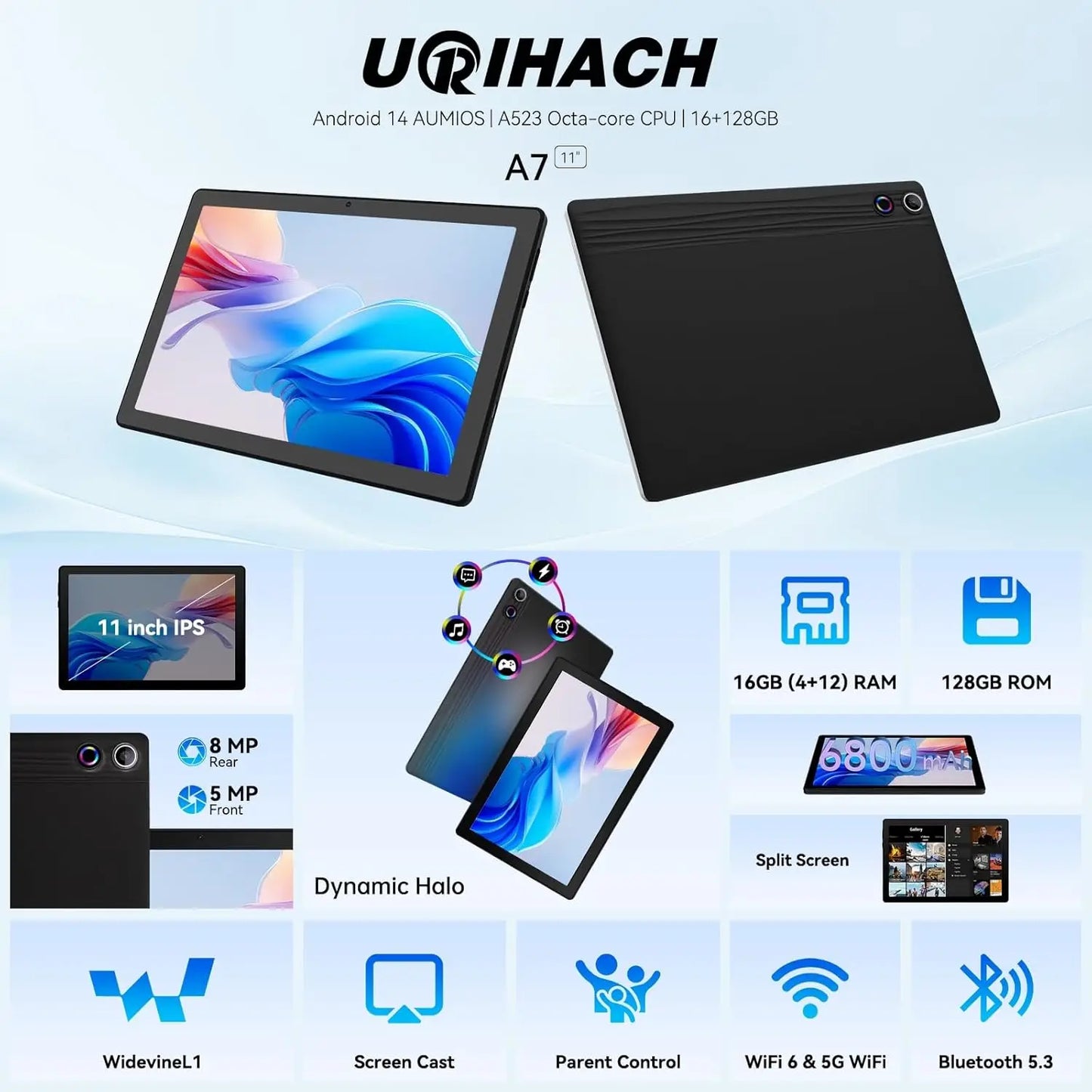 URAO A7 11 Inch Android Tablet 16GB RAM 128GB ROM 1TB Expansion 8-Core Processor Widevine L1 Dual Camera 6800mAh WiFi6 BT5.3