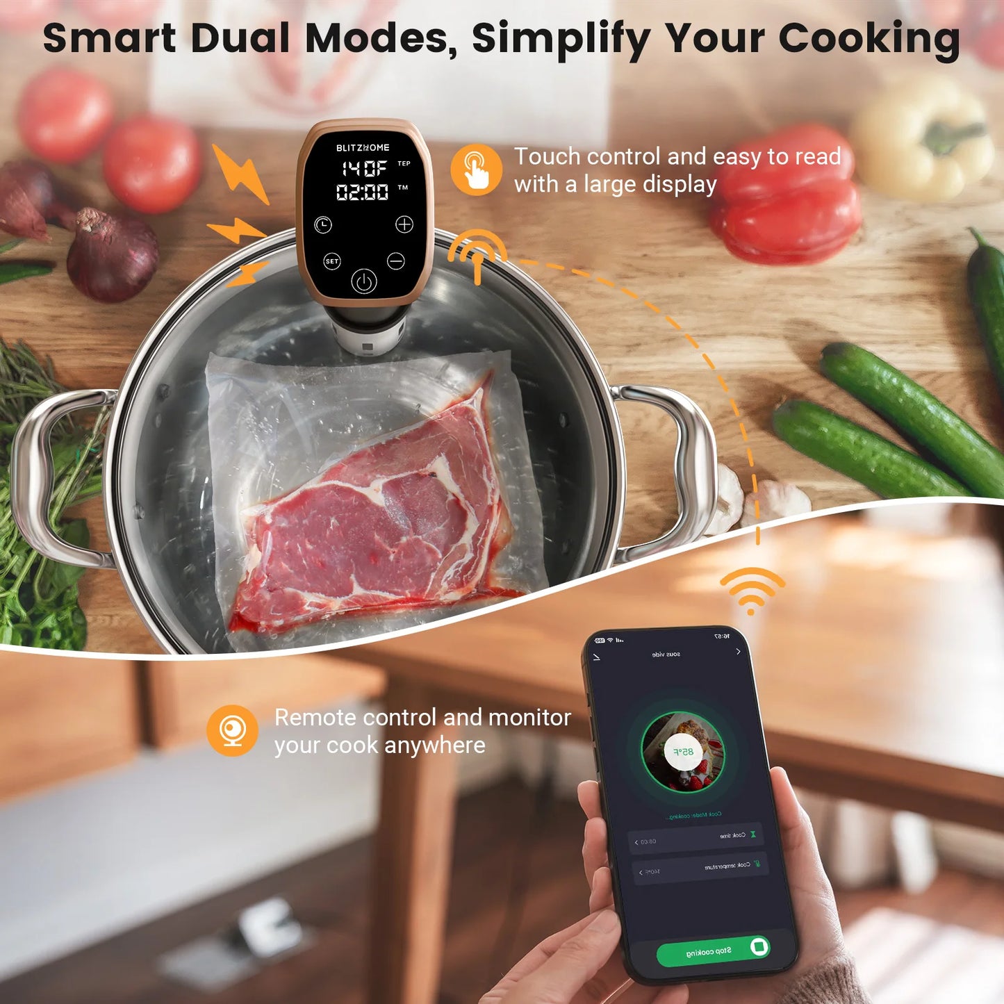 BLIITZHOME Slow Cooker IPX7 Waterproof WiFi Connectivity Versatile Cooking Food Preparation Appliance for kitchen Cooking