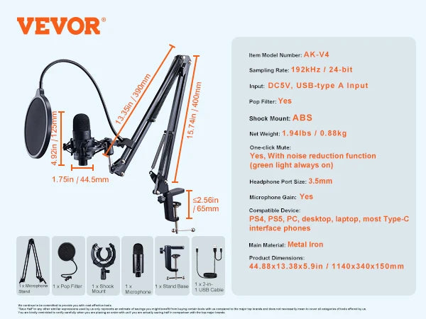VEVOR USB Microphone 192kHz/24-bit Professional Condenser Microphone Kit for Podcast Recording Video Gaming Singing Streaming