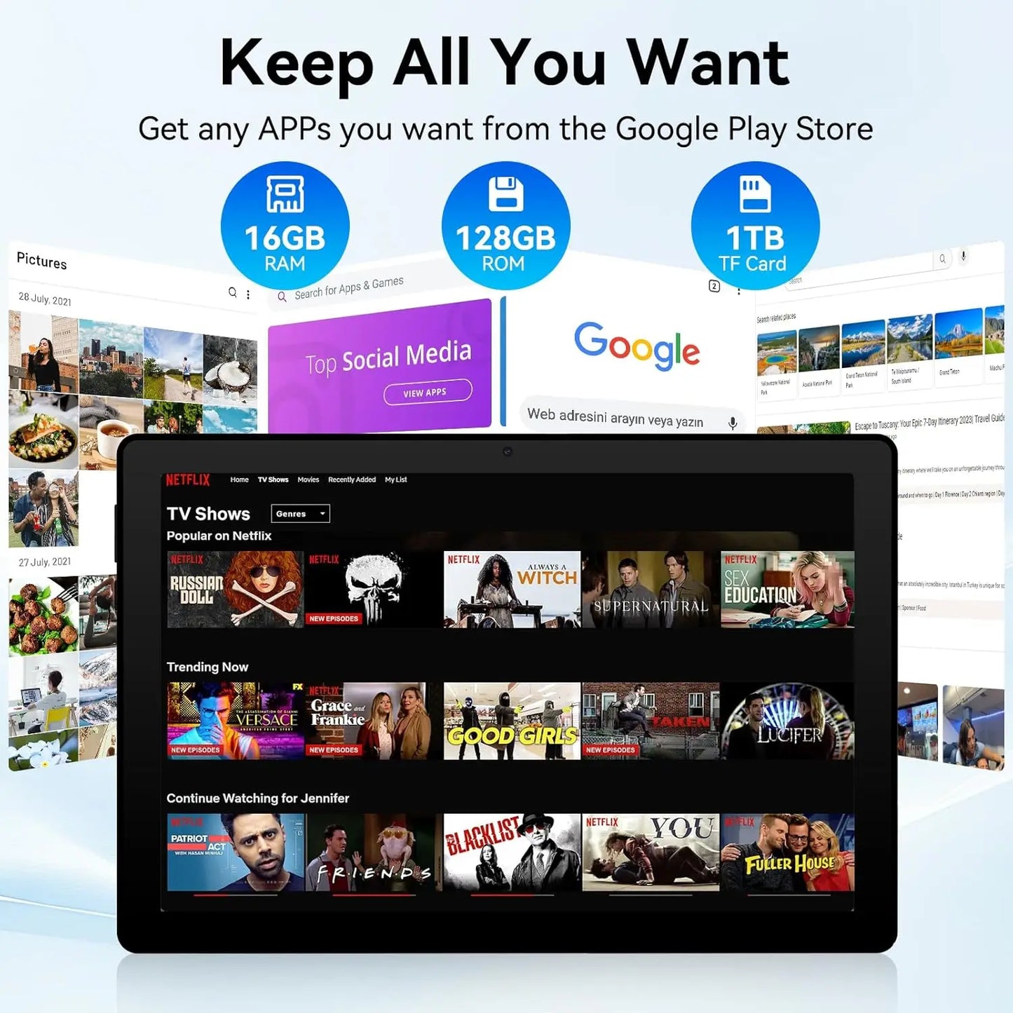 URAO A7 11 Inch Android Tablet 16GB RAM 128GB ROM 1TB Expansion 8-Core Processor Widevine L1 Dual Camera 6800mAh WiFi6 BT5.3