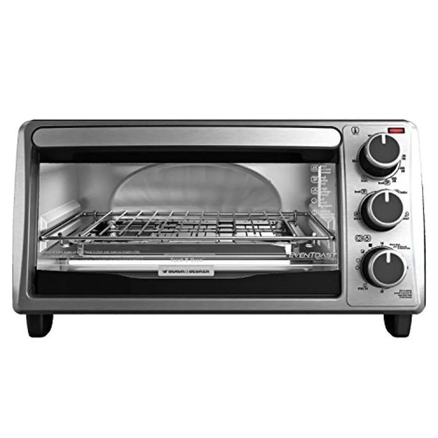 4Slice Toaster Oven with Stainless Steel Exterior for Efficient Baking Toasting and Reheating in Kitchen Countertop Application
