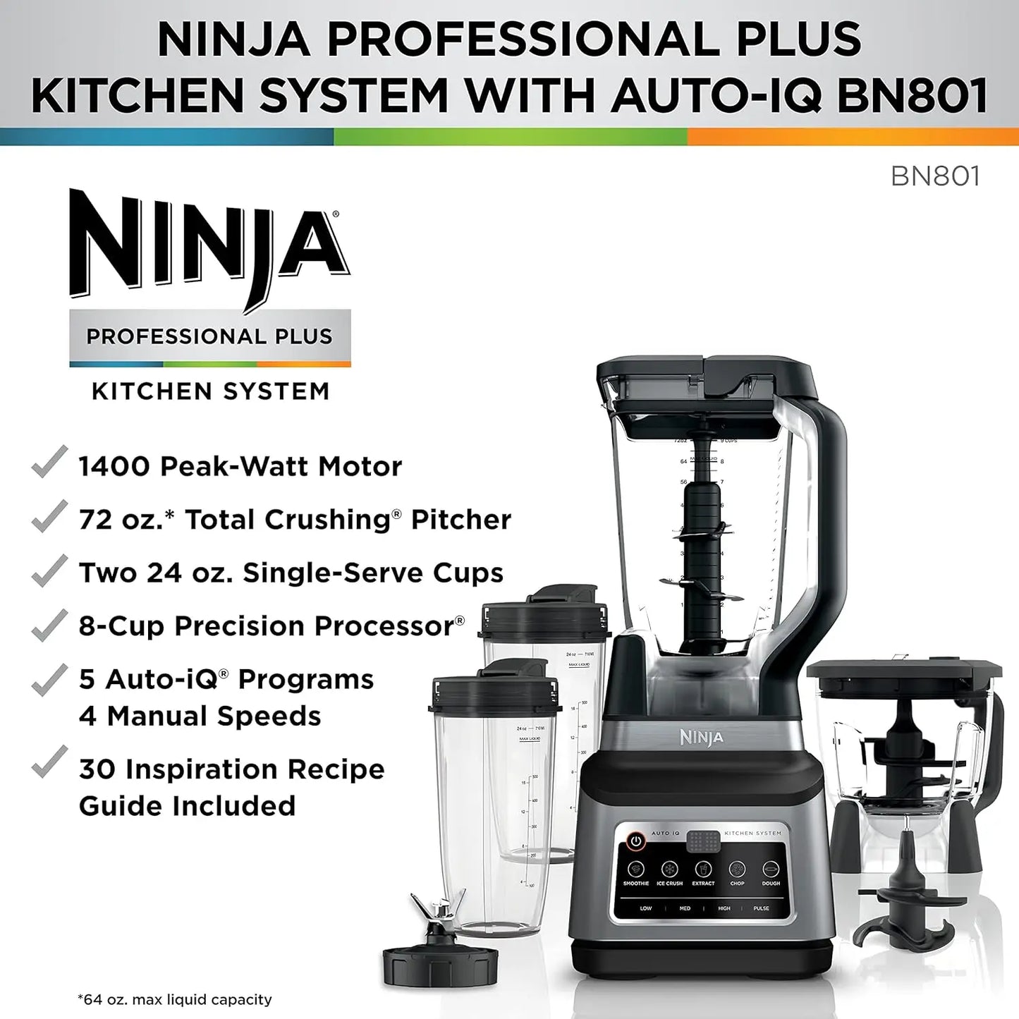 BN801 Professional Plus Kitchen System, 1400 WP, 5 Functions for Smoothies, Chopping, Dough & More with Auto IQ, 72-oz.* Blender