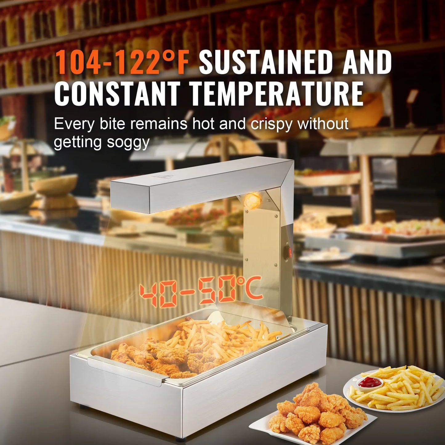 SucceBuy French Fry Food Warmer Commercial Food Heating Lamp Electric Stainless Steel Countertop for Buffet Kitchen Restaurant