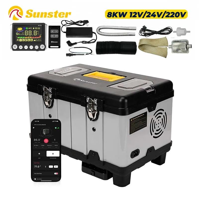 Sunste TB10 8KW Toolbox Diesel Heater 12V/24V/220V With constant temperature Bluetooth app night heater For Home Garage tent