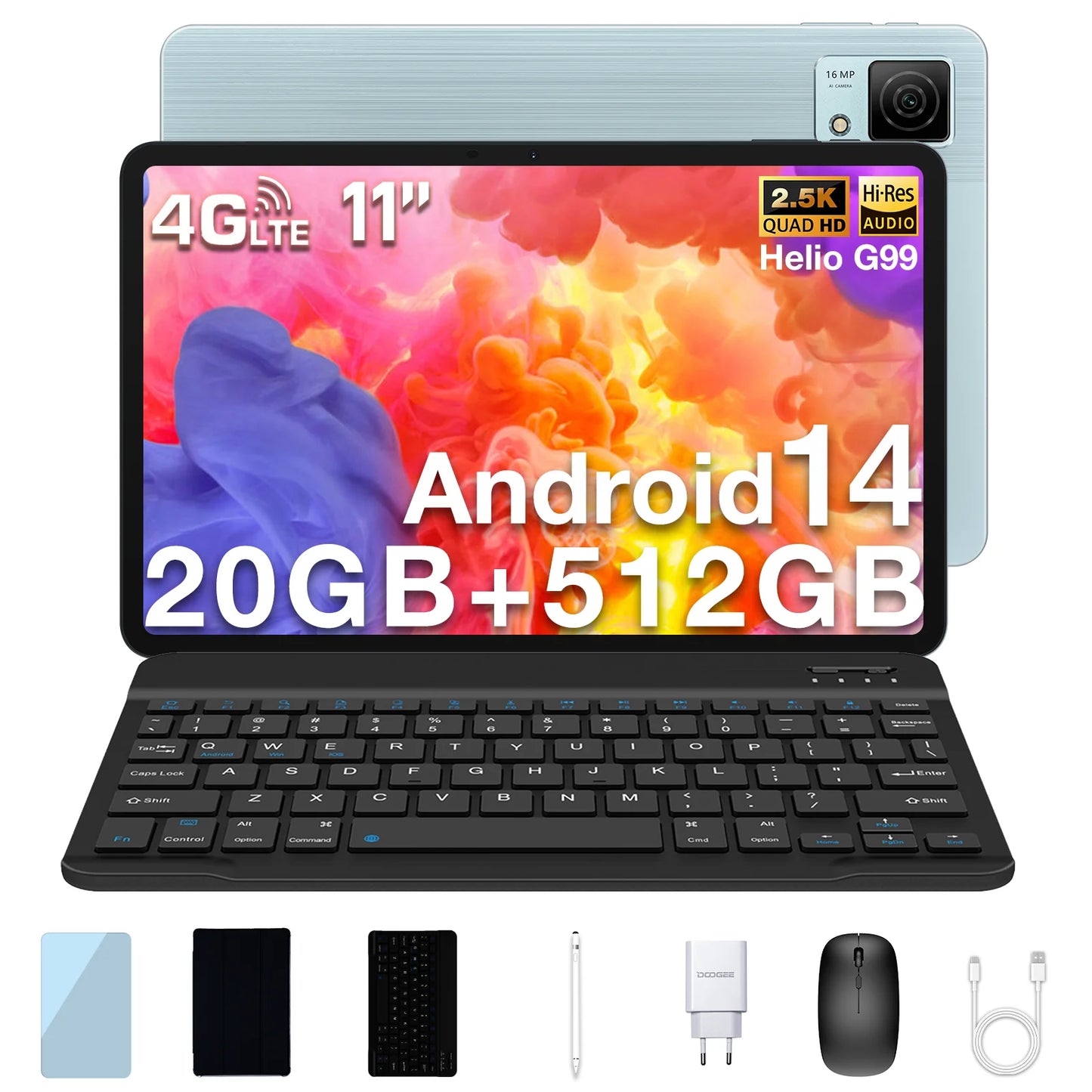 DOOGEE T40 Tablet 11" 2.5K Display 8GB 512GB Helio G99 Octa-Core 8580mAh Battery 16MP Camera Quad Speaker 4G Dual SIM