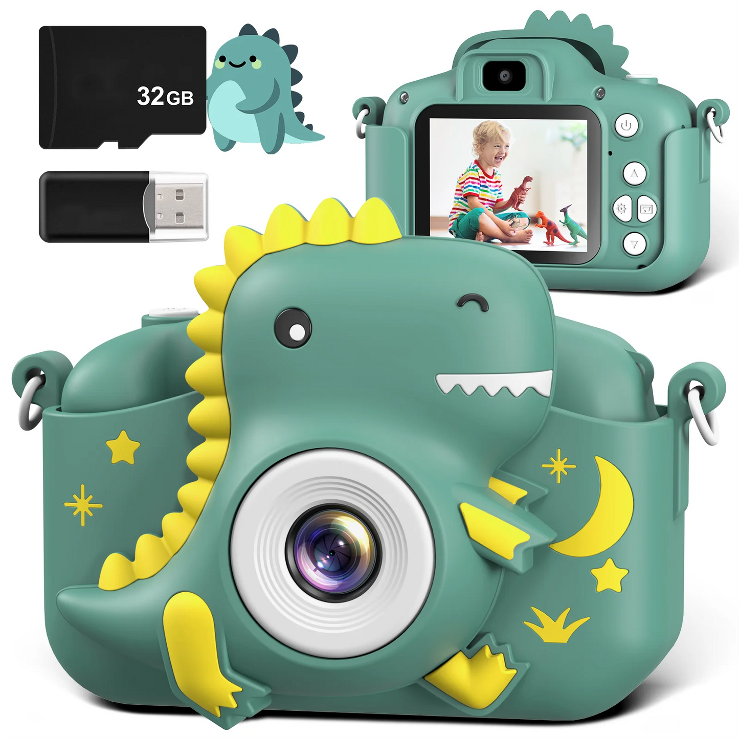 Dinosaur Kids Camera 1080P HD Selfie Camera Portable Toddler Digital Camera Toy Gift For Girls Boys Aged 3-12