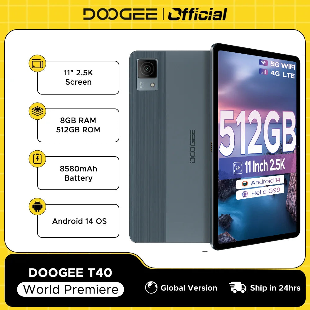 DOOGEE T40 Tablet 11" 2.5K Display 8GB 512GB Helio G99 Octa-Core 8580mAh Battery 16MP Camera Quad Speaker 4G Dual SIM