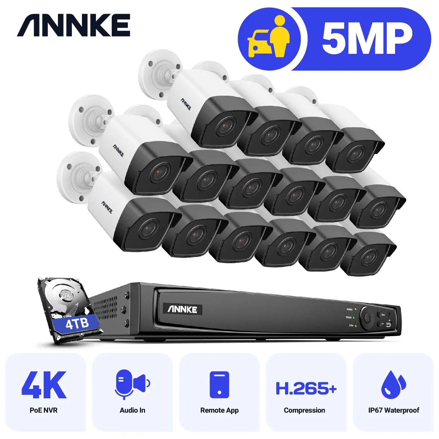 ANNKE H500 16CH 5MP H.265+ HD PoE Network Video Security System 16pcs IP67 Outdoor Bullet POE IP Cameras Audio in PoE Camera Kit