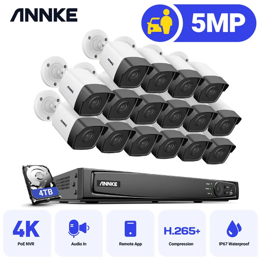 ANNKE H500 16CH 5MP H.265+ HD PoE Network Video Security System 16pcs IP67 Outdoor Bullet POE IP Cameras Audio in PoE Camera Kit
